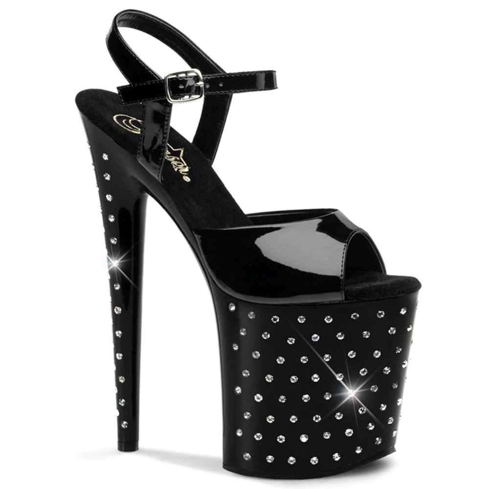 Pleaser Stardust 809 Black Patent Rhinestone Ankle Strap Platform Sandal